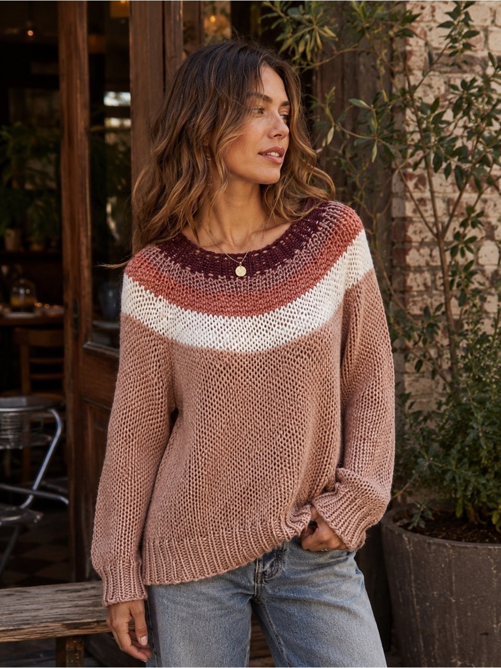 Lola Devon Open Knit Colorblock Stripe Sweater Pink Cream Medium